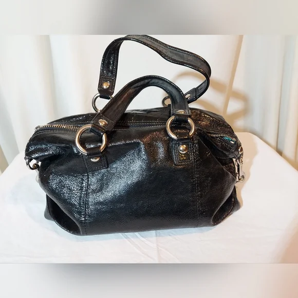 Coach Poppy Black Patent Leather Satchel With Silver Hardware And Teal Lining - Picture 2 of 12